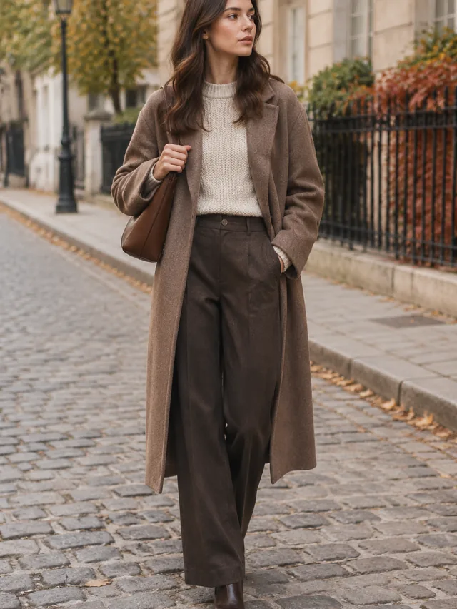 Editorial lookbook frame of an autumn outfit on a cobblestone street.