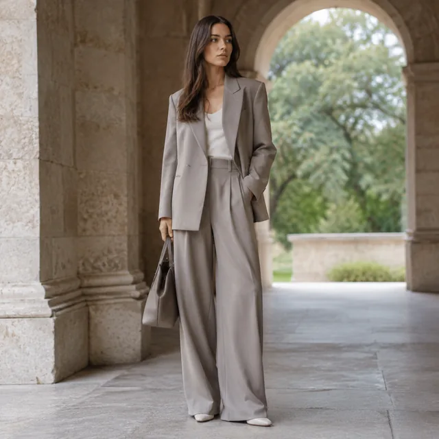 Wide-leg suit look under the same stone archway.