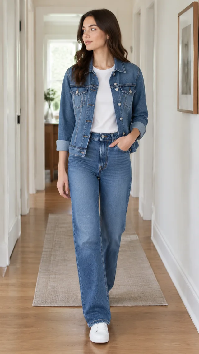 Full-length denim outfit in a hallway, head to toe.