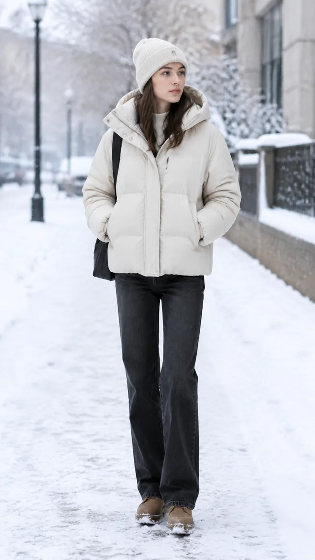 Puffer jacket outfit on a snowy street, full body.