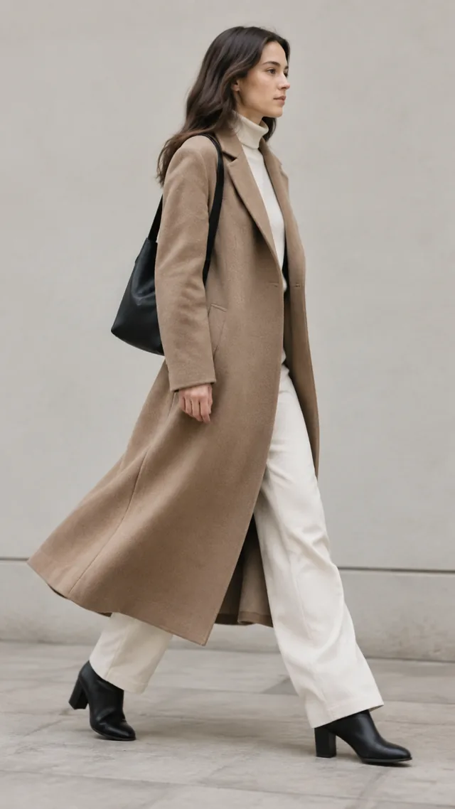 Long coat hem swinging as the wearer walks past a neutral wall.
