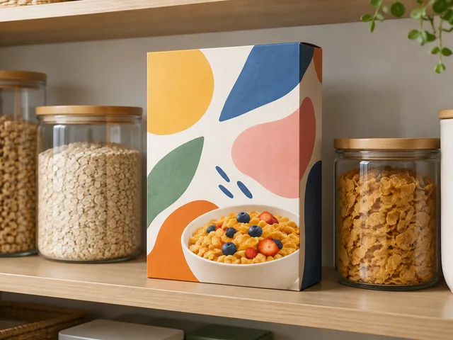 Cereal box with abstract pattern artwork on a pantry shelf.