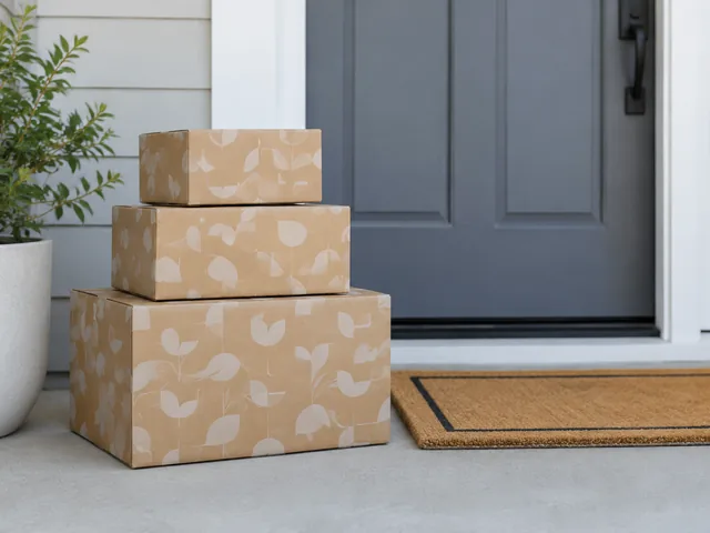 Printed shipping boxes with a simple pattern stacked by a front door.