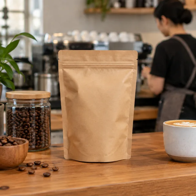 Coffee pouch standing on a cafe counter.