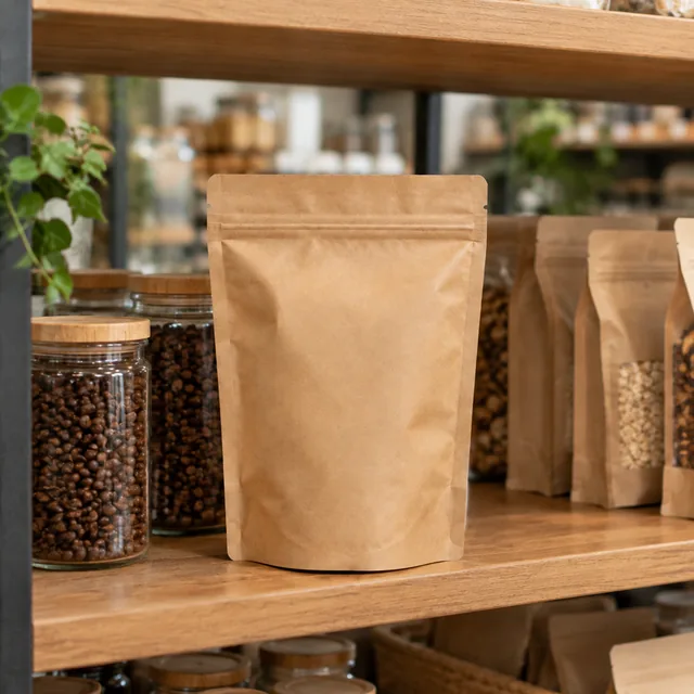 The same coffee pouch on a grocery shelf.