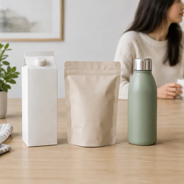 A carton, a soft pouch and a bottle lined up together.