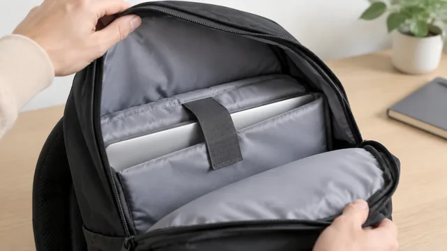 Backpack's padded laptop sleeve pulled open to show the inside.