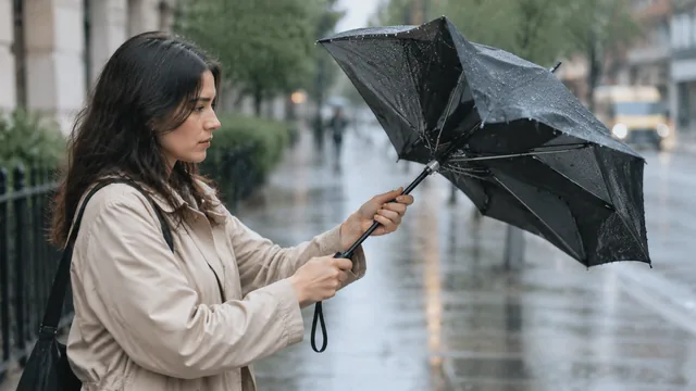 Compact umbrella caught mid-opening on a rainy street.