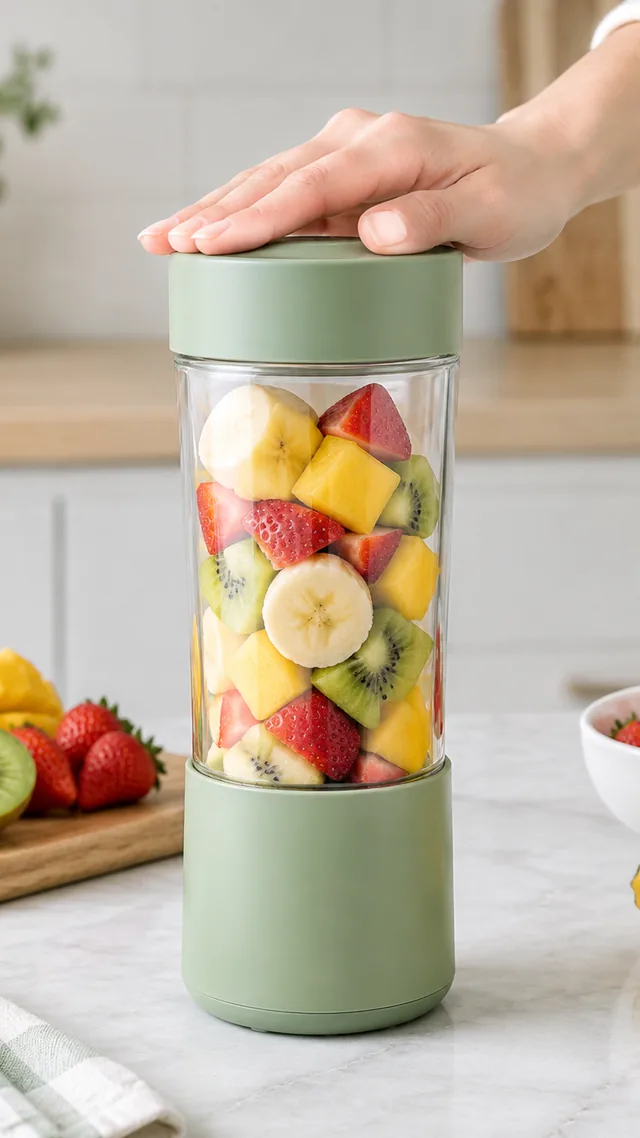 Portable blender lid locked with one press.