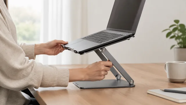 Laptop stand being raised to a new height.