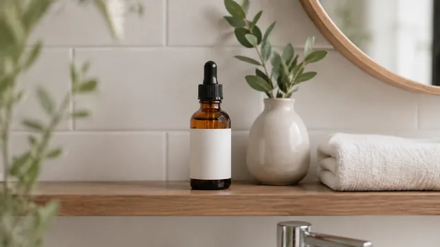 Serum bottle back on a tidy bathroom shelf.