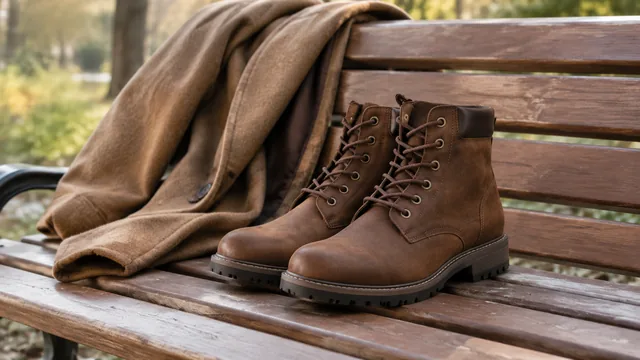 Brown boots laced on a bench beside a coat.