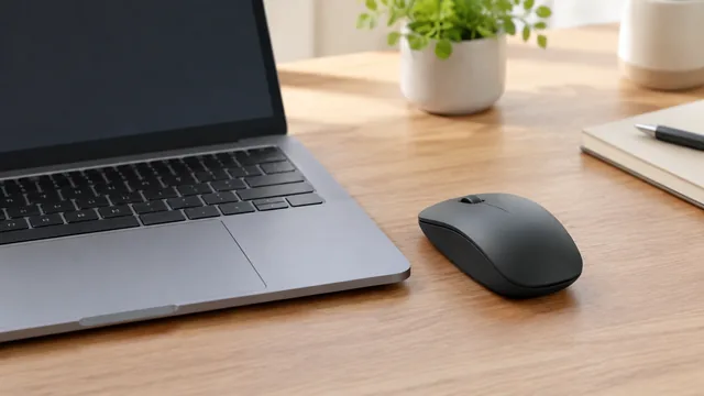 Wireless mouse beside a laptop on a desk.