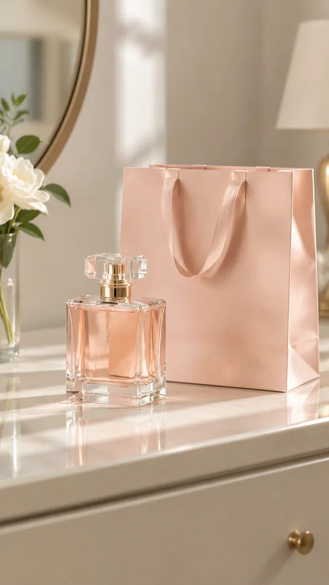 Perfume bottle on a dresser beside its gift bag.
