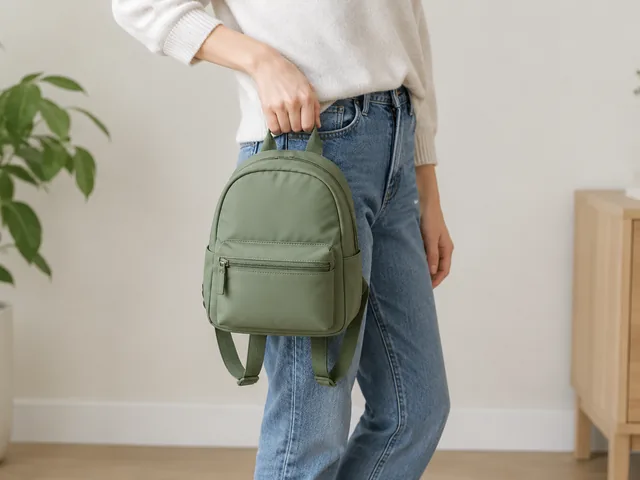 Mini backpack held by an adult at hip height, showing its size against the body.