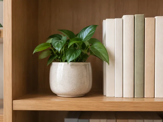 Small ceramic planter on a bookshelf next to plain paperback spines.