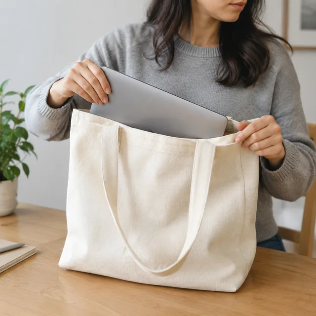 Canvas tote bag with a laptop inside.