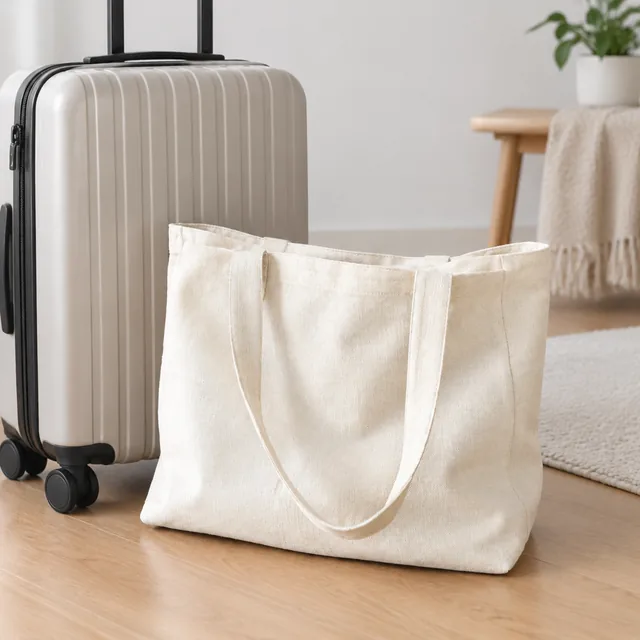 The same canvas tote bag beside a carry-on suitcase.