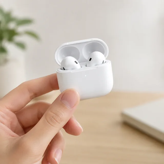 Wireless earbuds case held between two fingers.