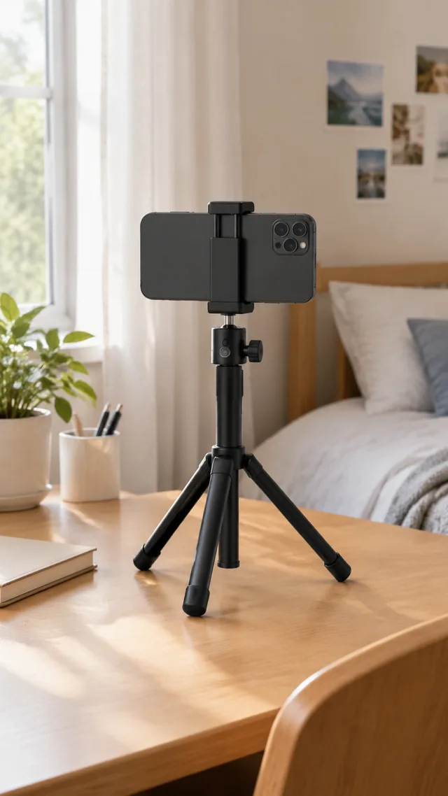 Phone tripod set up on a bedroom desk, natural light.