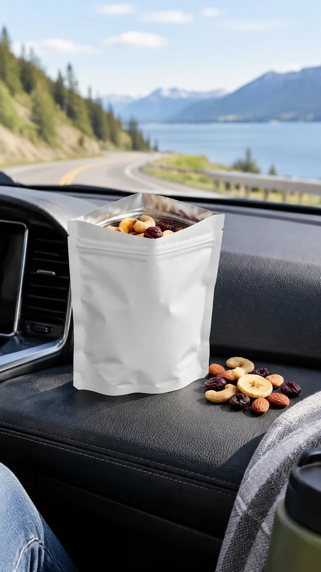 Snack pouch with opened on a car dashboard during a road trip.