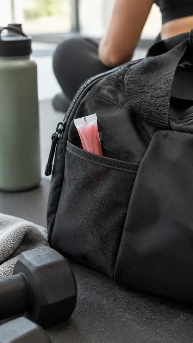 Lip oil tucked into a gym bag pocket.