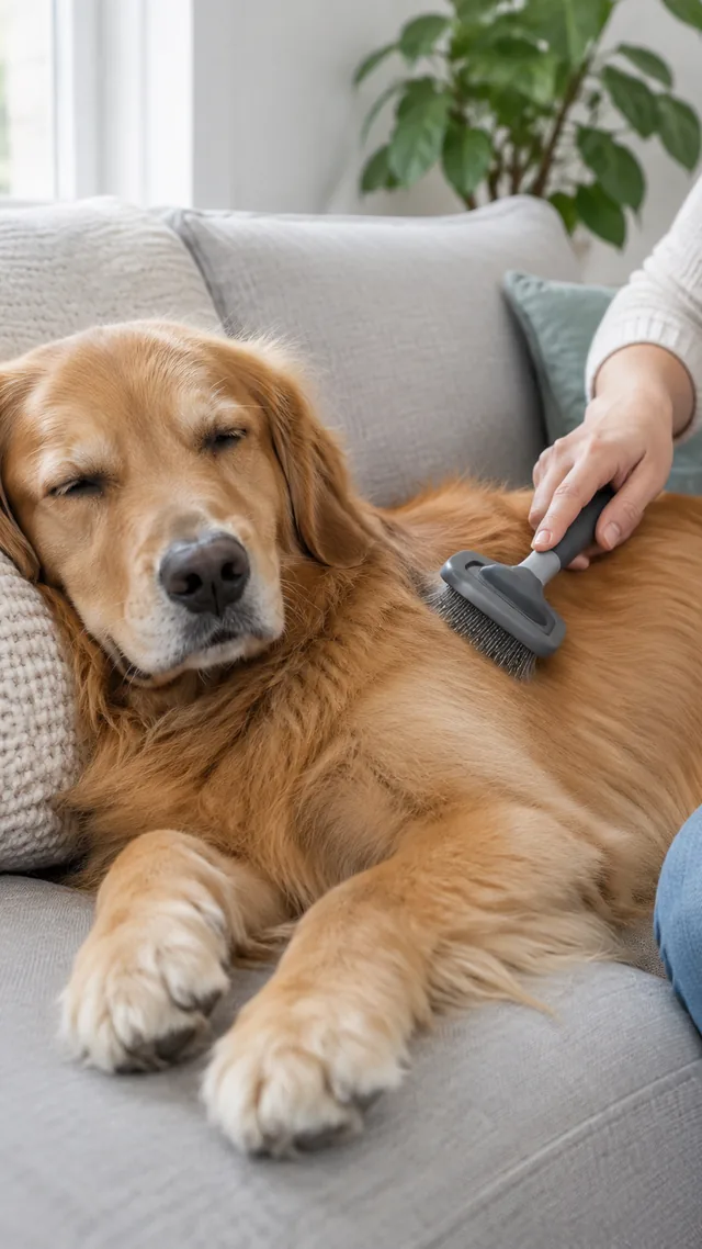 Pet brush used on a relaxed dog on a couch.