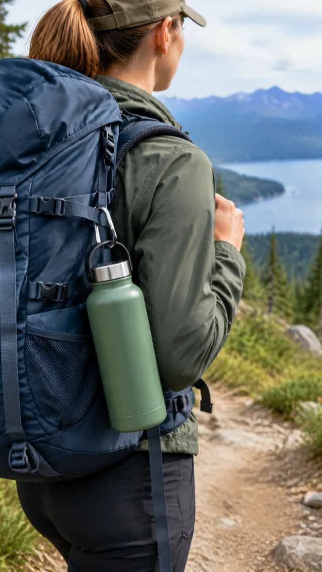 Water bottle clipped to a backpack on a hiking trail.