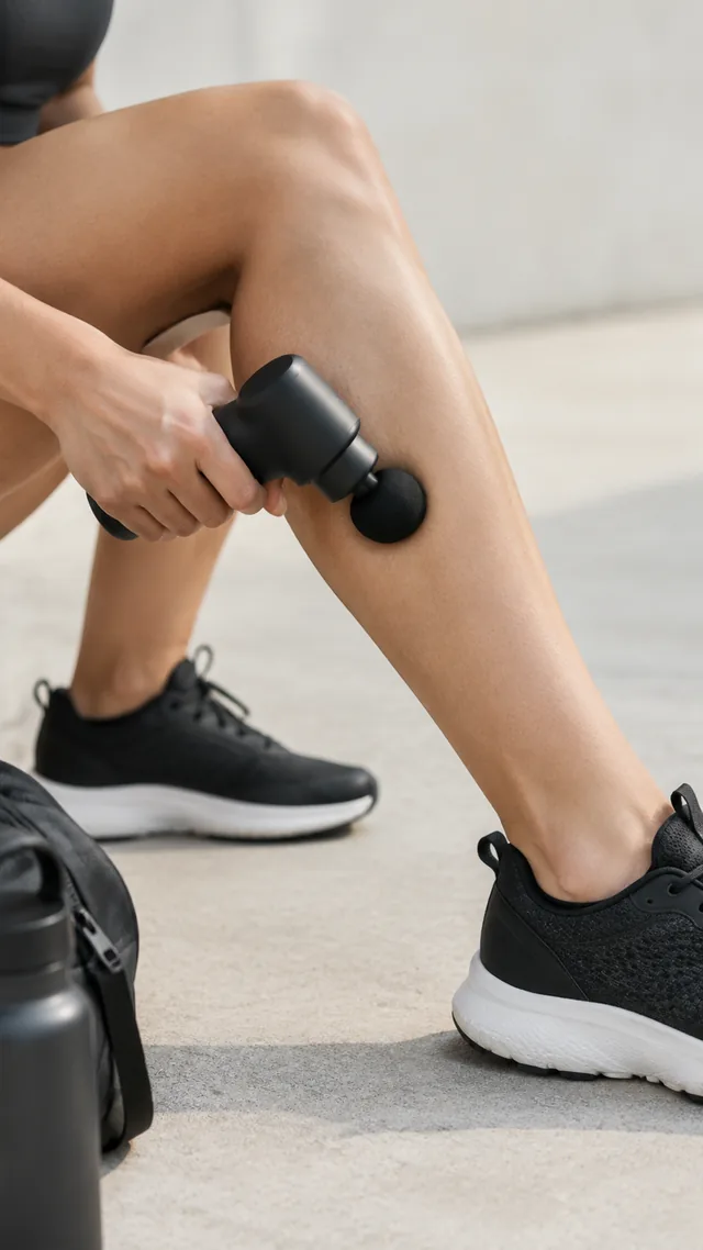Mini massage gun used on a calf after a run.