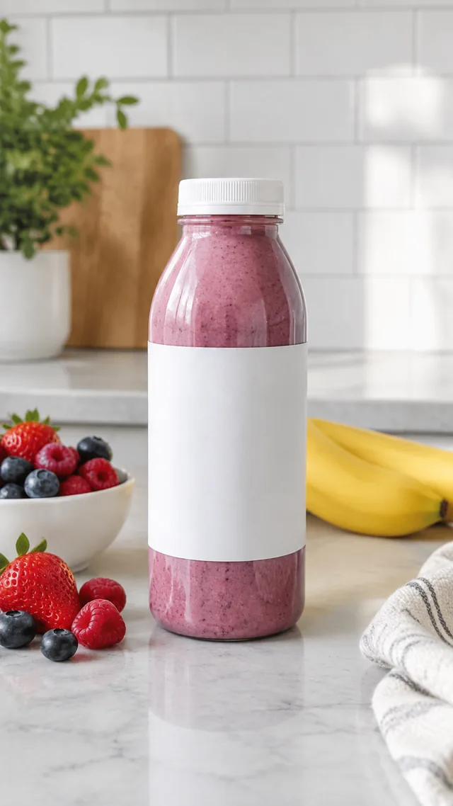 Smoothie bottle on a kitchen counter with room for an offer.