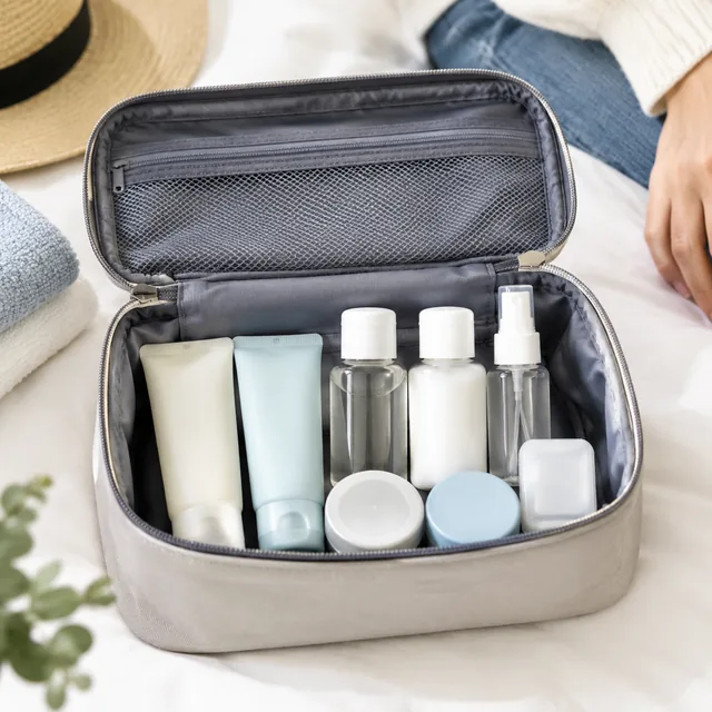 Travel-size toiletry kit centered in an open toiletry bag.