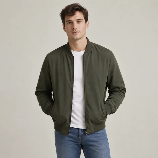 Model wearing a bomber jacket, front view.