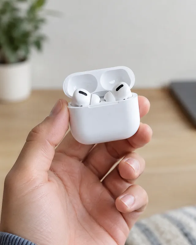 Earbuds case held up in a casual phone shot.