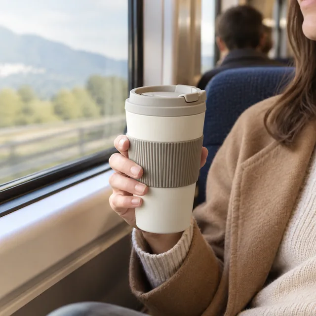 Travel coffee cup held on a morning train.