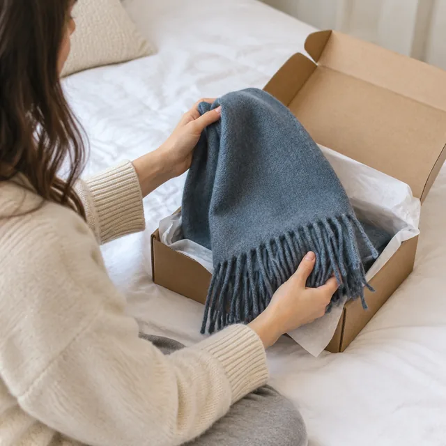 Wool scarf pulled from a mailer box on a bed.