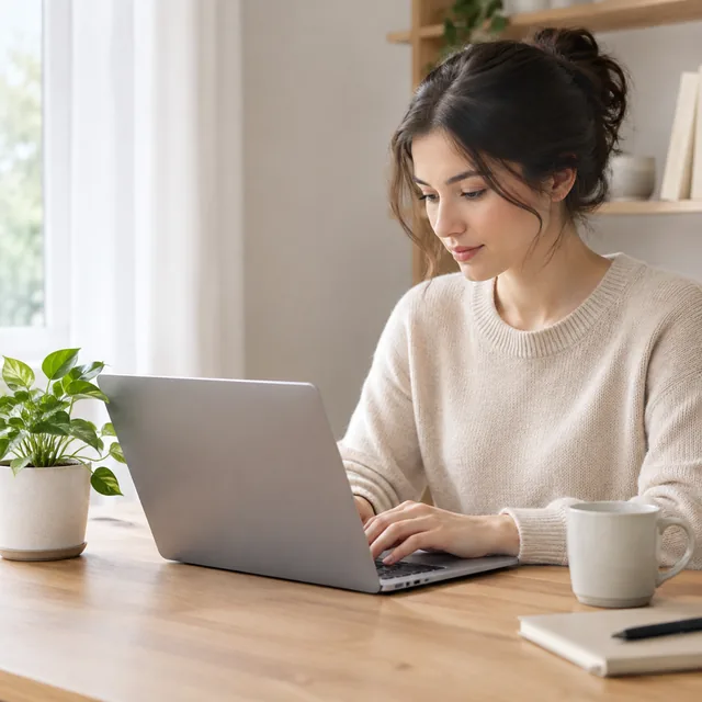 Small desk plant next to an open laptop.