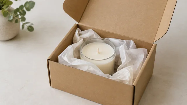 Kraft mailer box opened to reveal a candle wrapped in tissue paper.