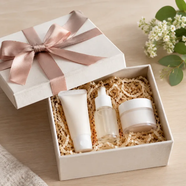 Ribbon-tied gift box open on a table with three skincare minis inside.