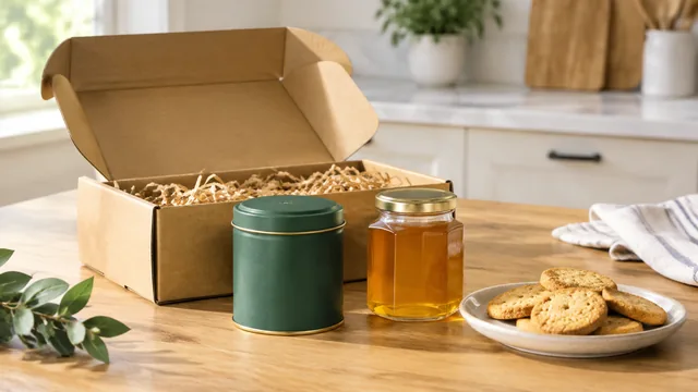 Subscription box open on a kitchen table with a tea tin, a honey jar and biscuits laid out beside it.
