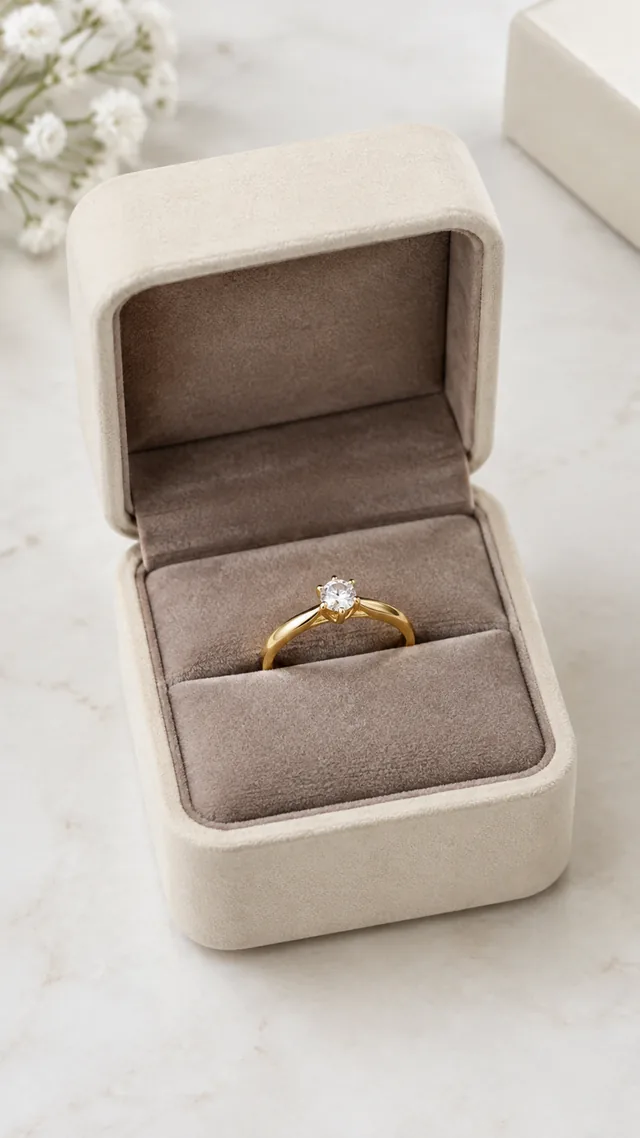 Small jewelry box opened to reveal a gold ring on velvet.