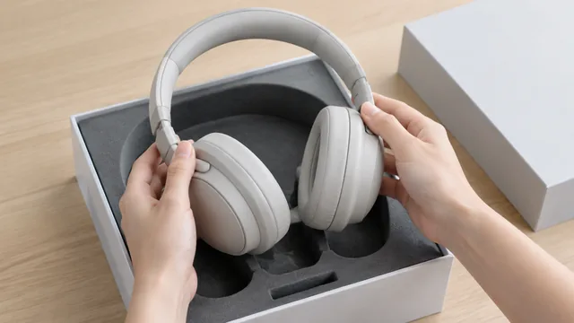 Headphones lifted out of a fitted foam box insert.
