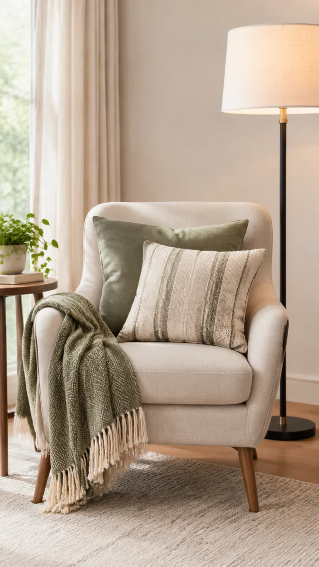 Throw pillow set on a reading chair beside a floor lamp.