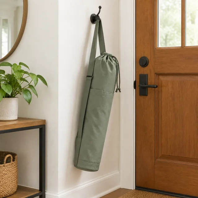 Yoga mat bag hanging on a hook by the front door.