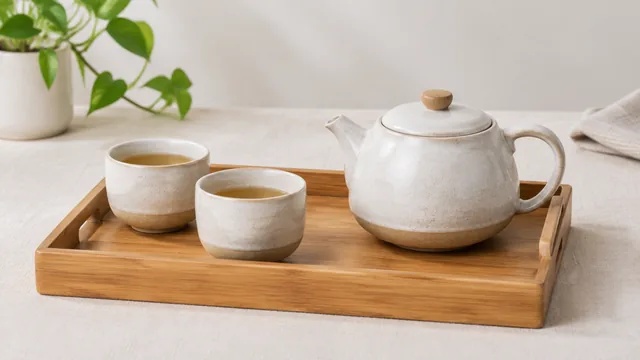 Ceramic teapot set on a wooden tray with two cups.