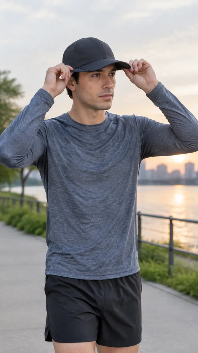 Running cap pulled on before a morning jog.