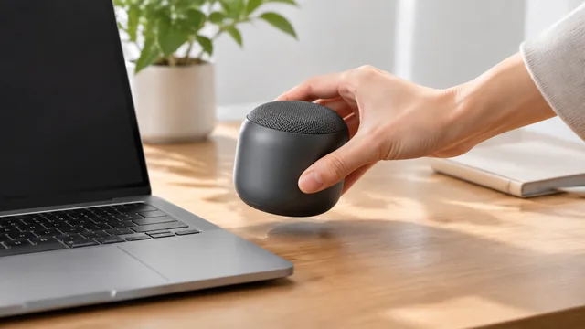 Hand picking up a compact speaker from a desk beside a laptop.