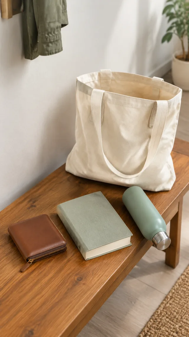 Canvas tote bag packed item by item on a hallway bench: wallet, book, water bottle.
