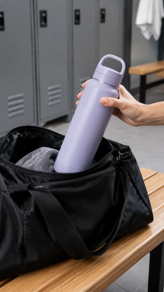 Insulated water bottle lifted out of an open gym bag on a locker room bench.