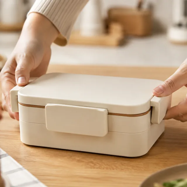 Bento lunch box lid snapped shut on a kitchen counter, hands at the edges.