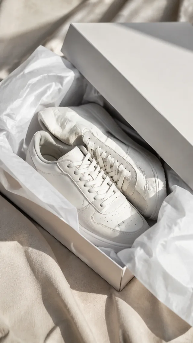 Shoebox lid lifted to show a new pair of sneakers wrapped in tissue paper.